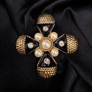 Vintage 1990's Premier Designs Gold Pearl Crystal Textured Cross Brooch Pin Eleg